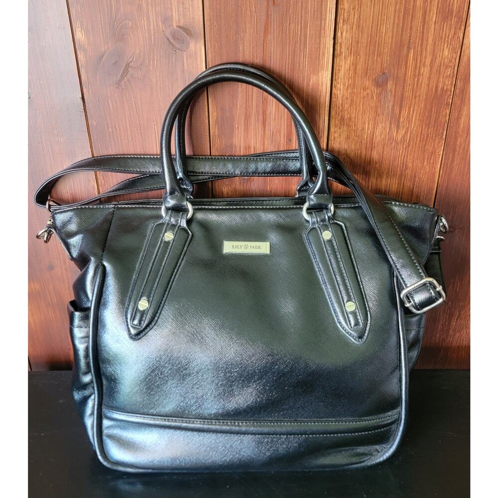 Lily‎ Jade Anna Diaper Bag Black Vegan Leather Purple Lining Rare Discontinued🖤